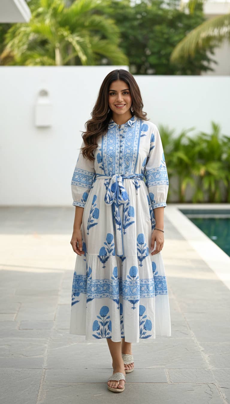 Rita White & Blue Mughal Printed
