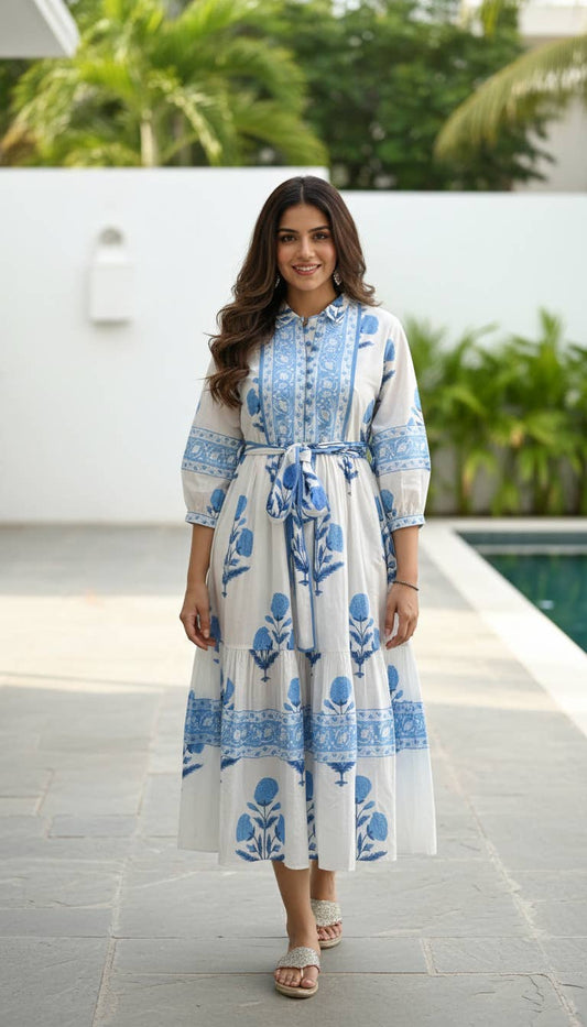 Rita White & Blue Mughal Printed
