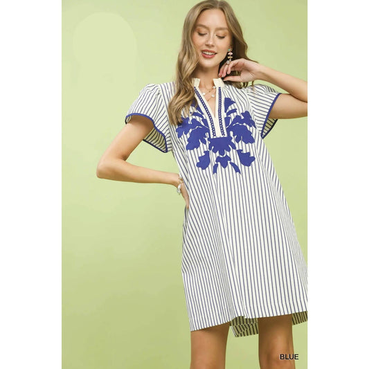 Striped Floral Applique Dress
