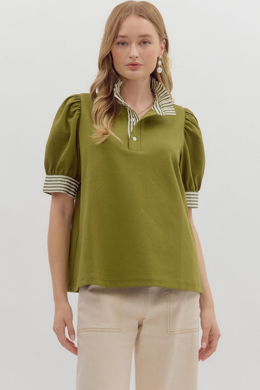 Collin Olive Ruffle Collar Top