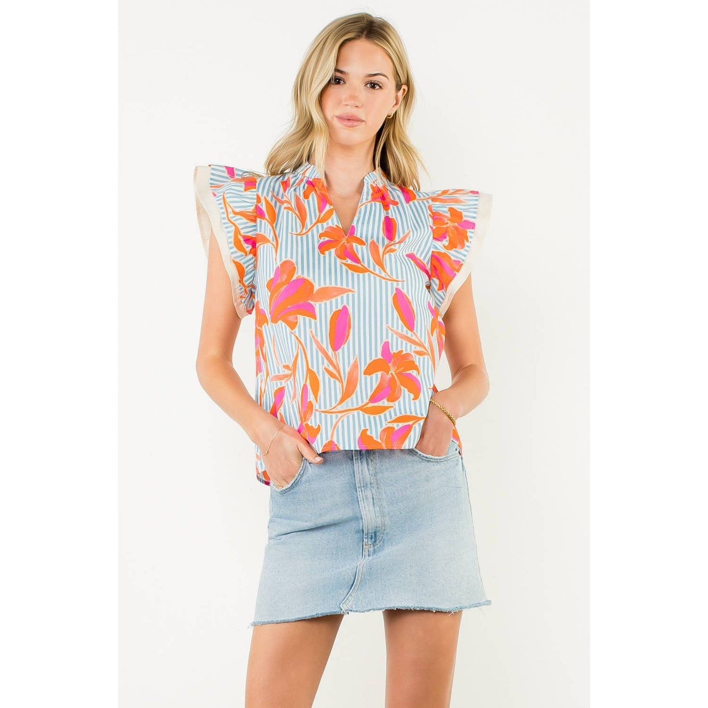 Kendal Striped Floral Print Top
